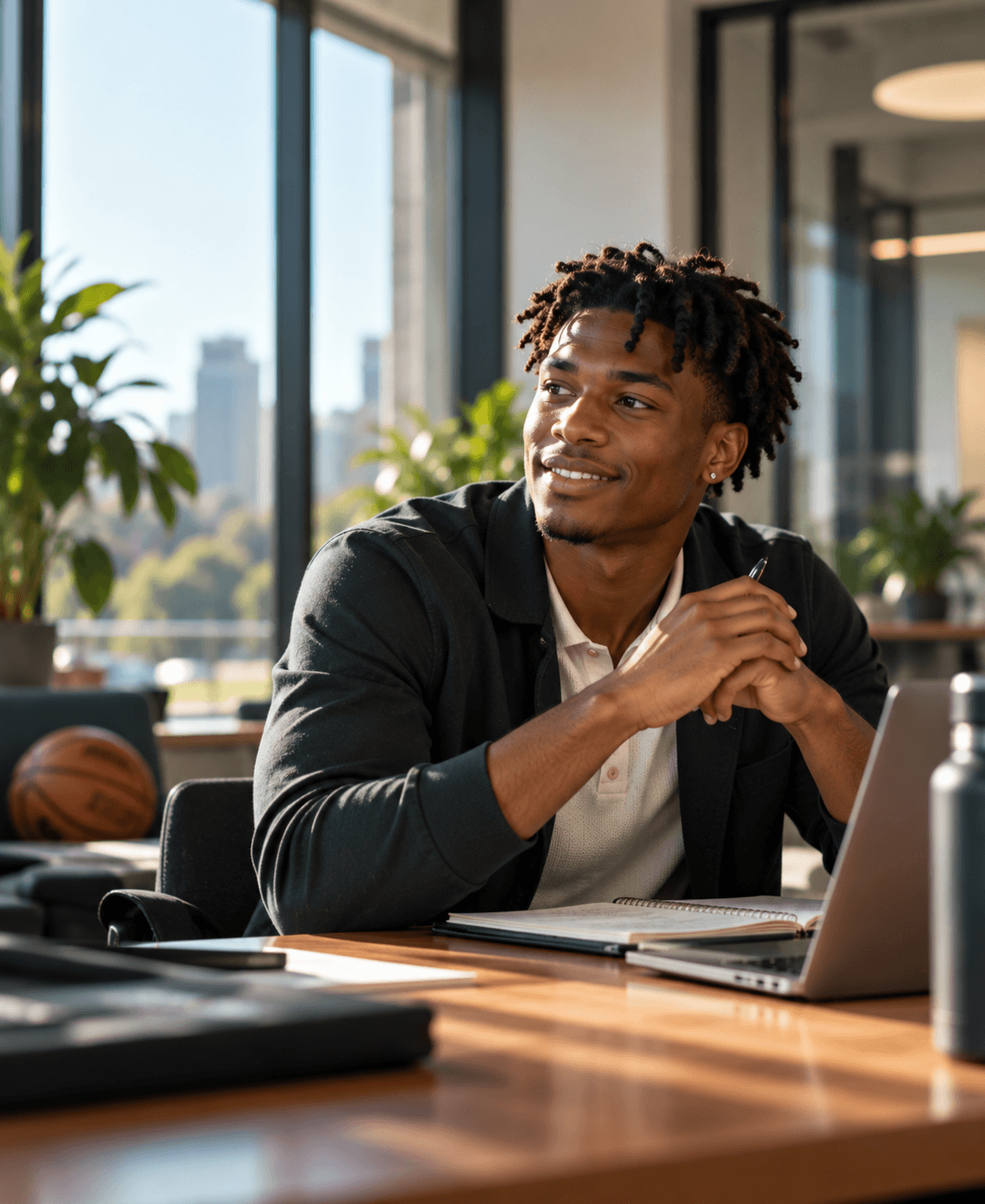 College basketball student-athlete in a business-casual workplace