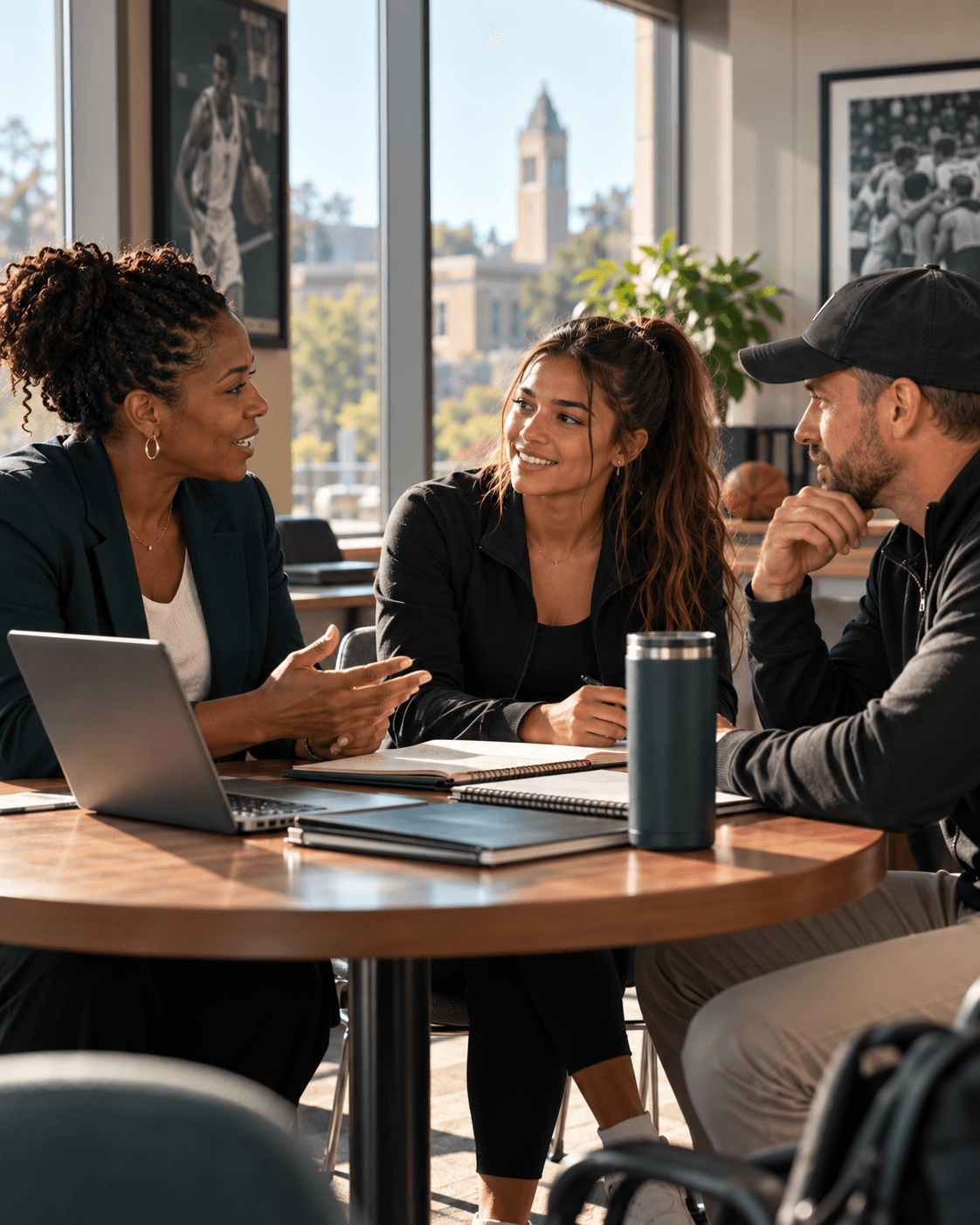 Athletic administrator, coach, and student-athlete in a supportive planning conversation
