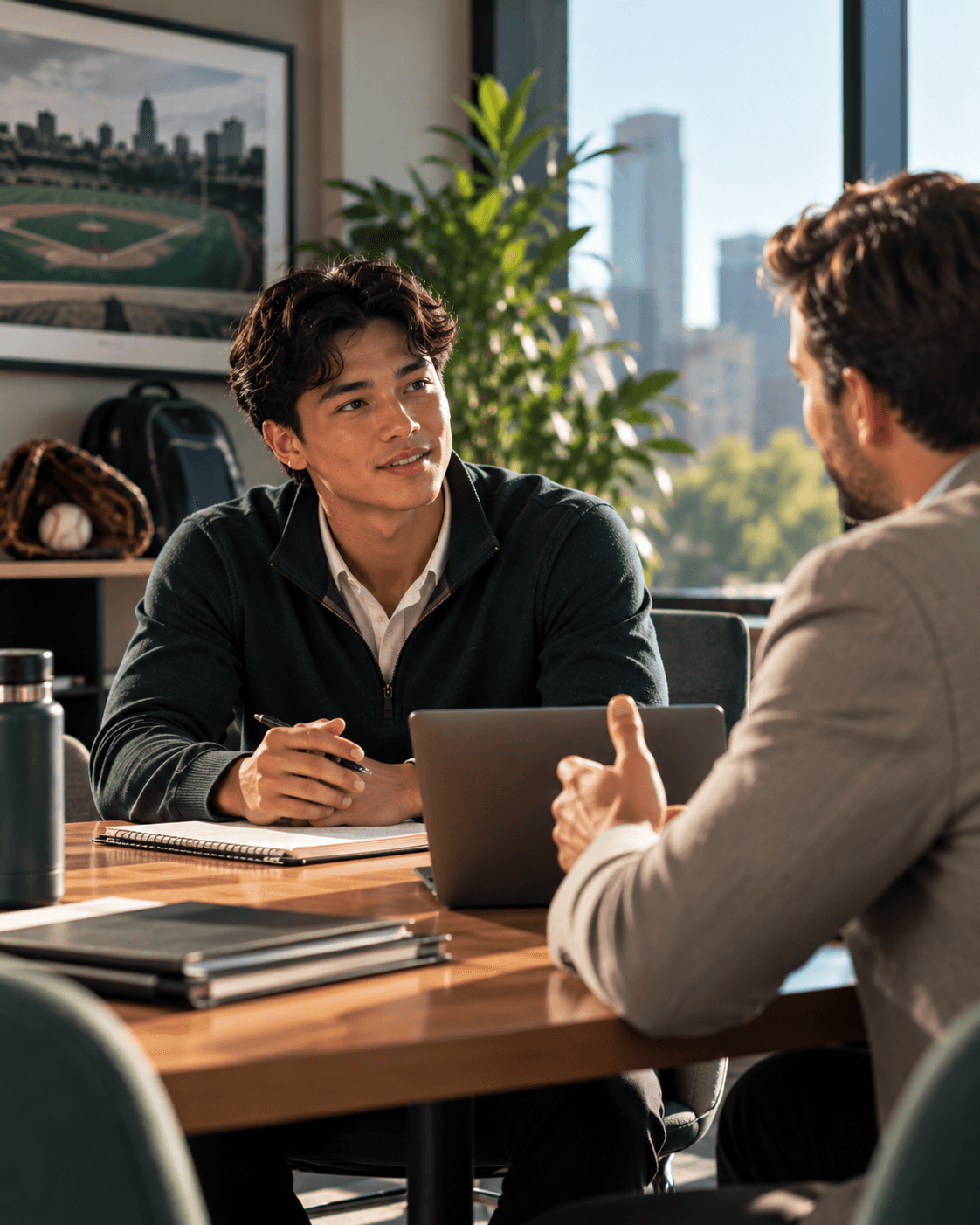 Business leader and student-athlete candidate in a thoughtful interview conversation