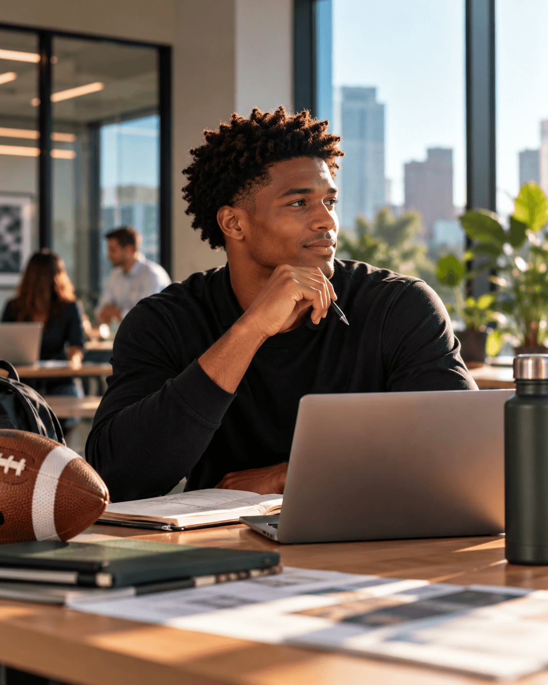 Student-athlete working in a professional workplace with a football in the foreground